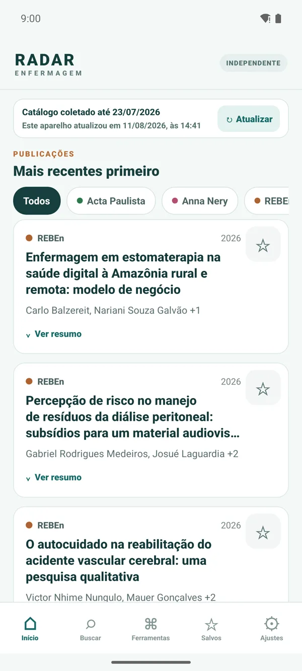 Tela inicial do aplicativo Radar Enfermagem com a lista de publicações mais recentes